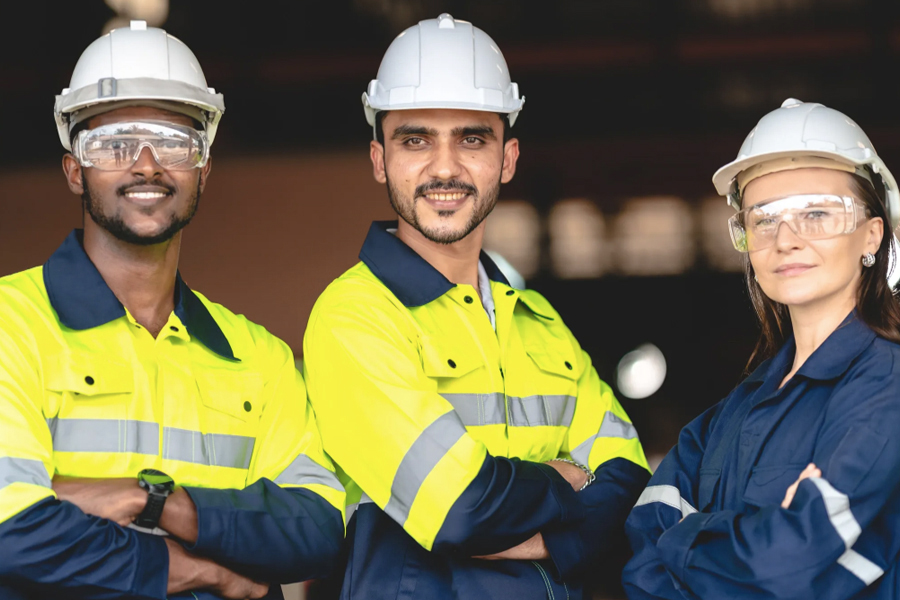Three smiling industrial workers pose with arms crossed, wearing hard hats, safety glasses, and high-visibility gear.